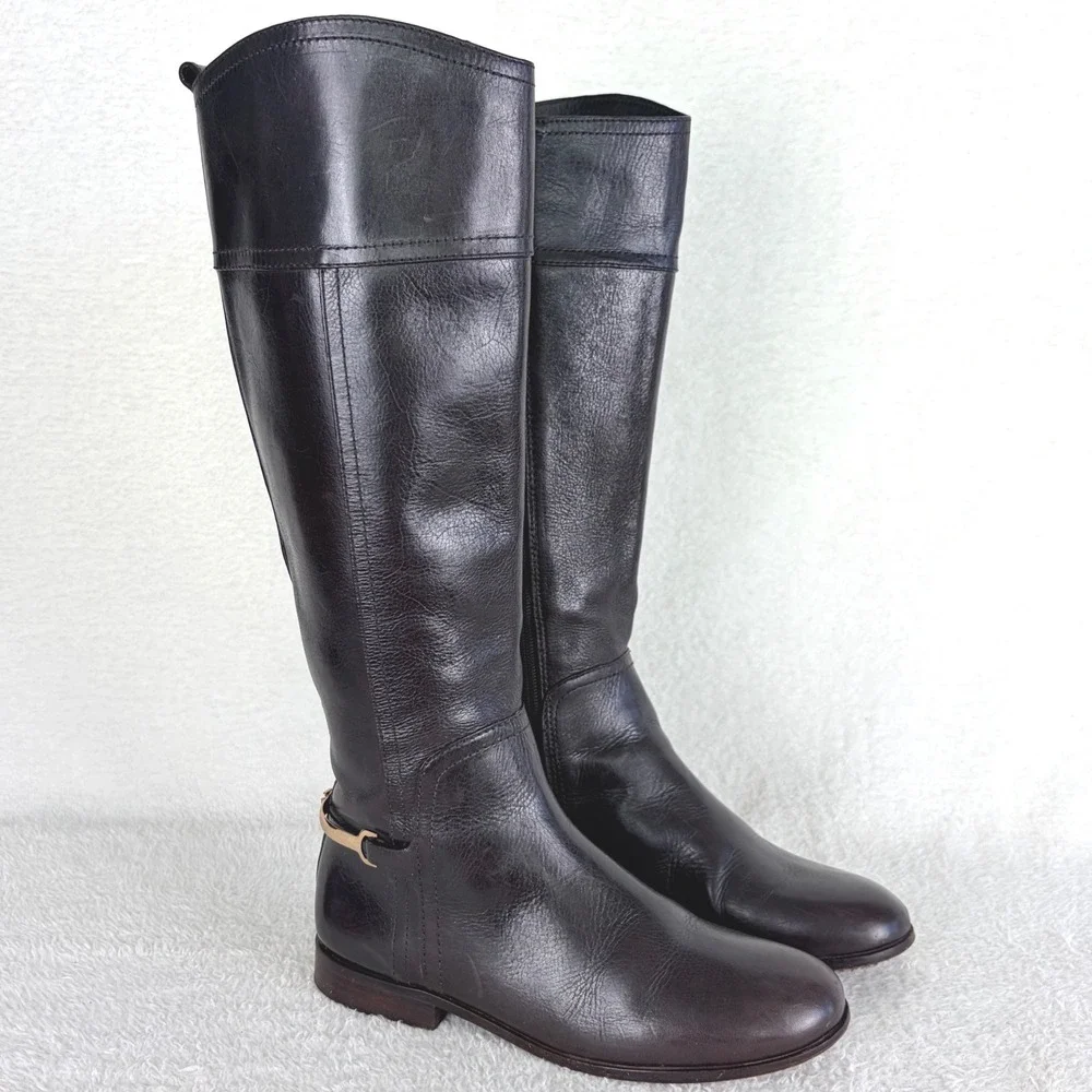 Tory Burch Jess Dark Brown Leather Knee High Riding Boots Gold‎ Horsebit 7.5M